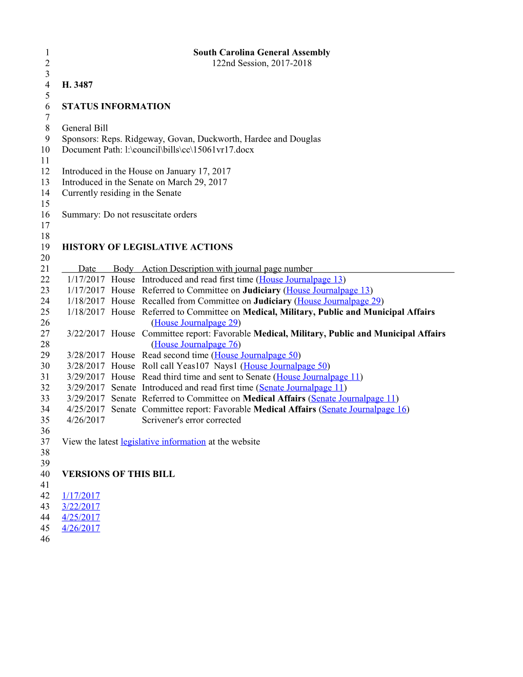 2017-2018 Bill 3487: Do Not Resuscitate Orders - South Carolina Legislature Online