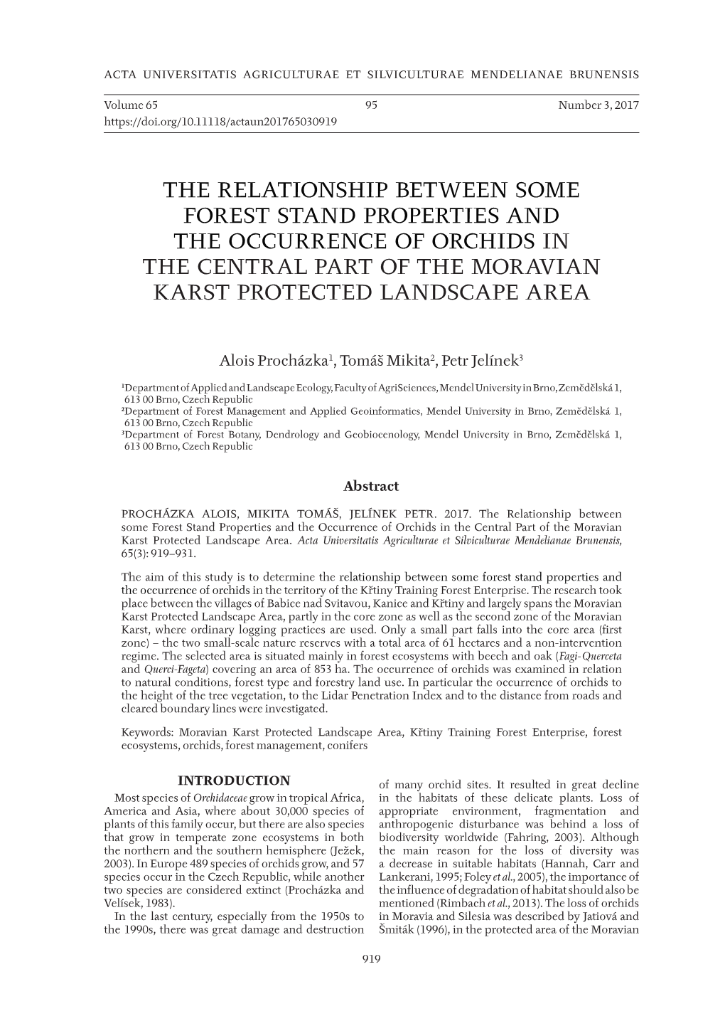 The Relationship Between Some Forest Stand Properties and the Occurrence of Orchids in the Central Part of the Moravian Karst Protected Landscape Area