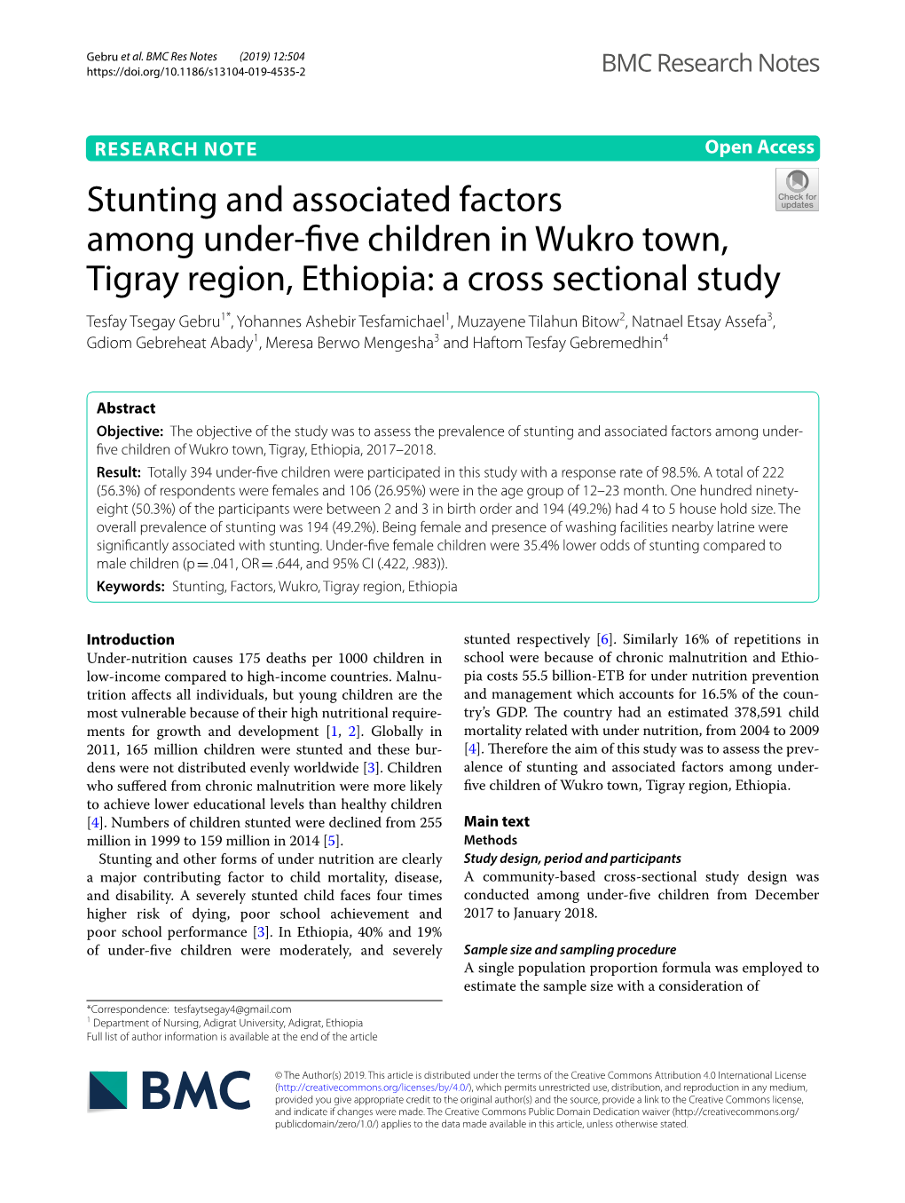 Stunting and Associated Factors Among Under-Five Children in Wukro Town, Tigray Region, Ethiopia: a Cross Sectional Study