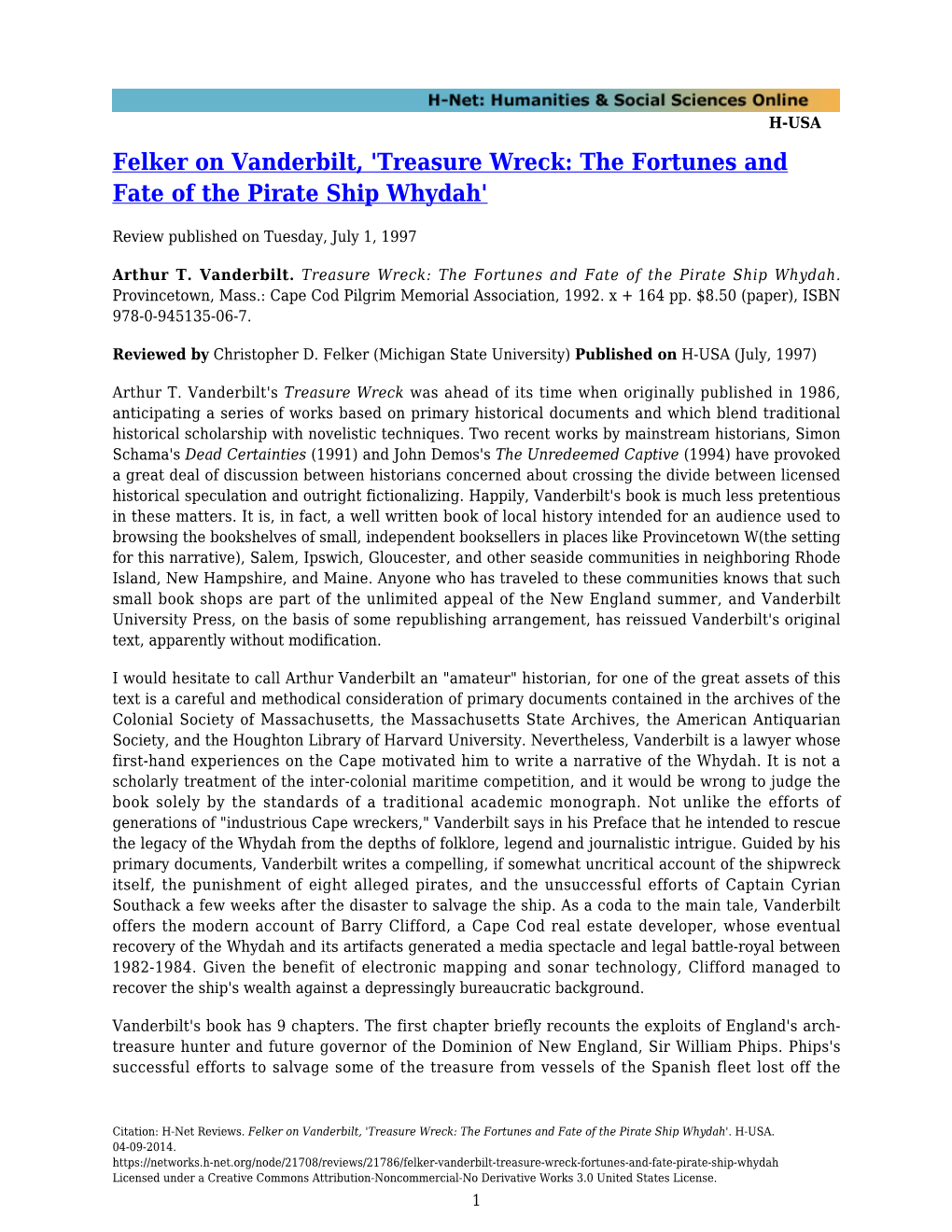 Felker on Vanderbilt, 'Treasure Wreck: the Fortunes and Fate of the Pirate Ship Whydah'