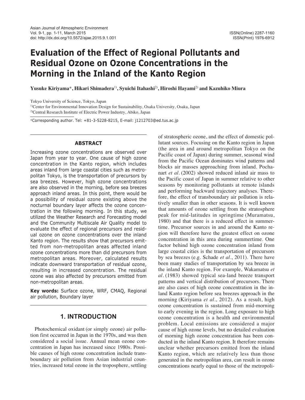 Evaluation of the Effect of Regional Pollutants and Residual Ozone on Ozone Concentrations in the Morning in the Inland of the Kanto Region