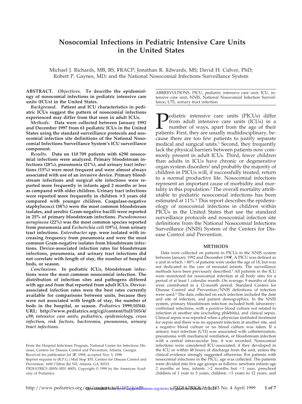 Nosocomial Infections in Pediatric Intensive Care Units in the United States