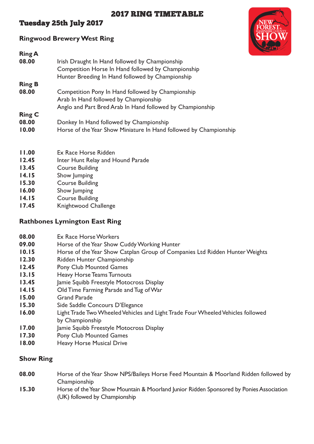 2017 RING TIMETABLE Tuesday 25Th July 2017