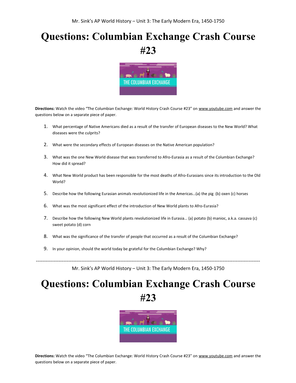 Questions: Columbian Exchange Crash Course #23