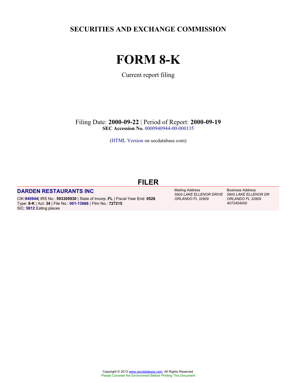 DARDEN RESTAURANTS INC (Form: 8-K, Filing