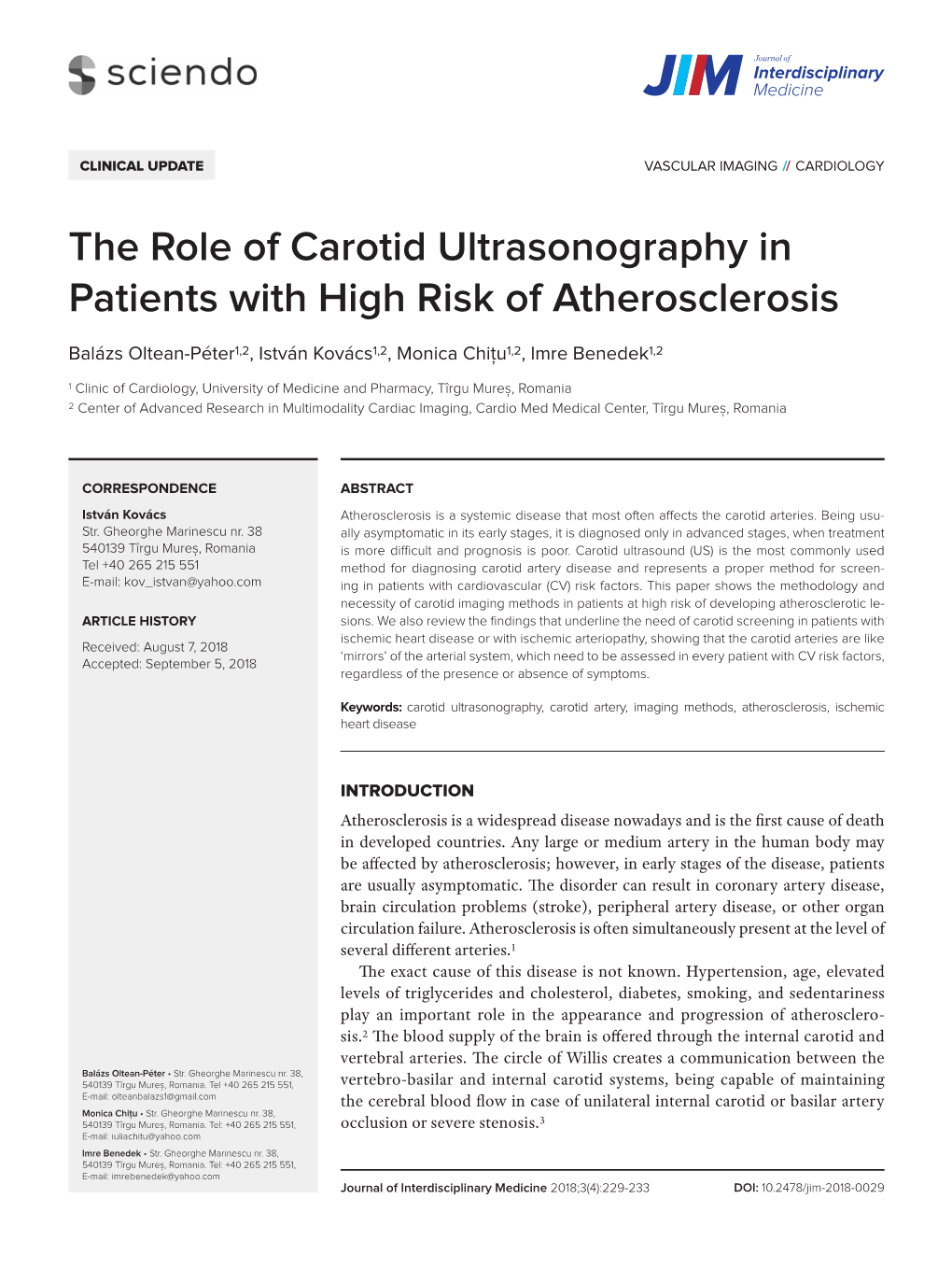 The Role of Carotid Ultrasonography in Patients with High Risk of Atherosclerosis