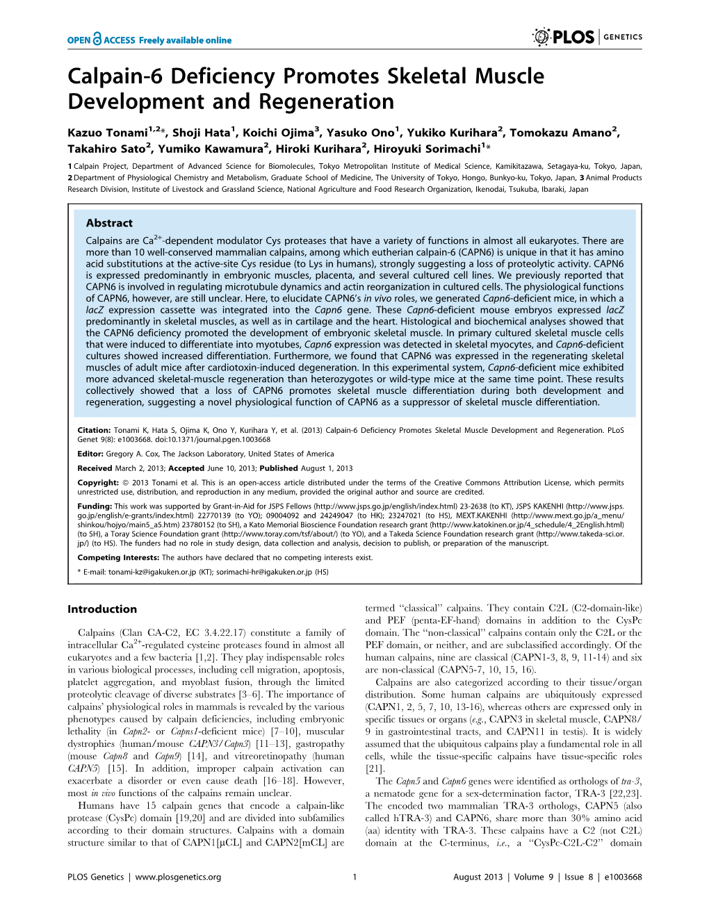 Calpain-6 Deficiency Promotes Skeletal Muscle Development and Regeneration