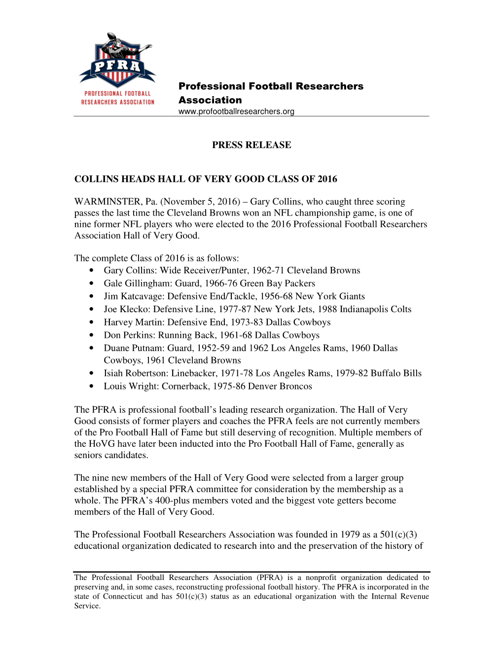 Professional Football Researchers Association PRESS RELEASE