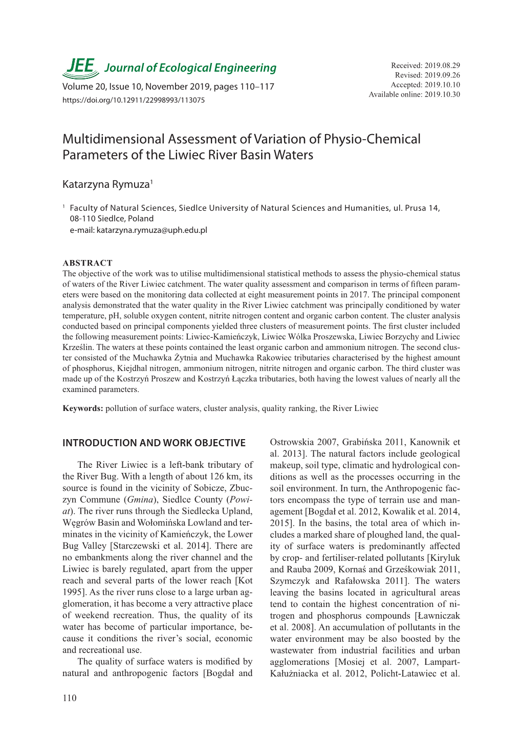 Multidimensional Assessment of Variation of Physio-Chemical Parameters of the Liwiec River Basin Waters