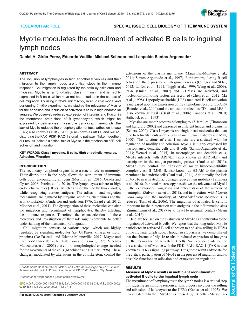 Myo1e Modulates the Recruitment of Activated B Cells to Inguinal Lymph Nodes Daniel A