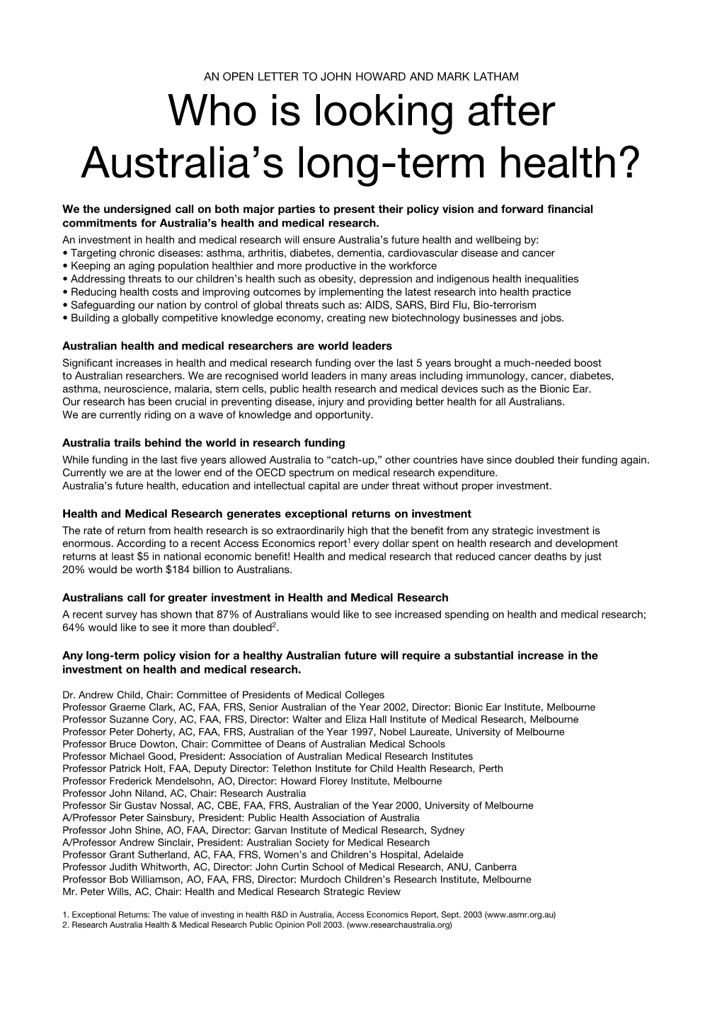 OPEN LETTER to JOHN HOWARD and MARK LATHAM Who Is Looking After Australia’S Long-Term Health?