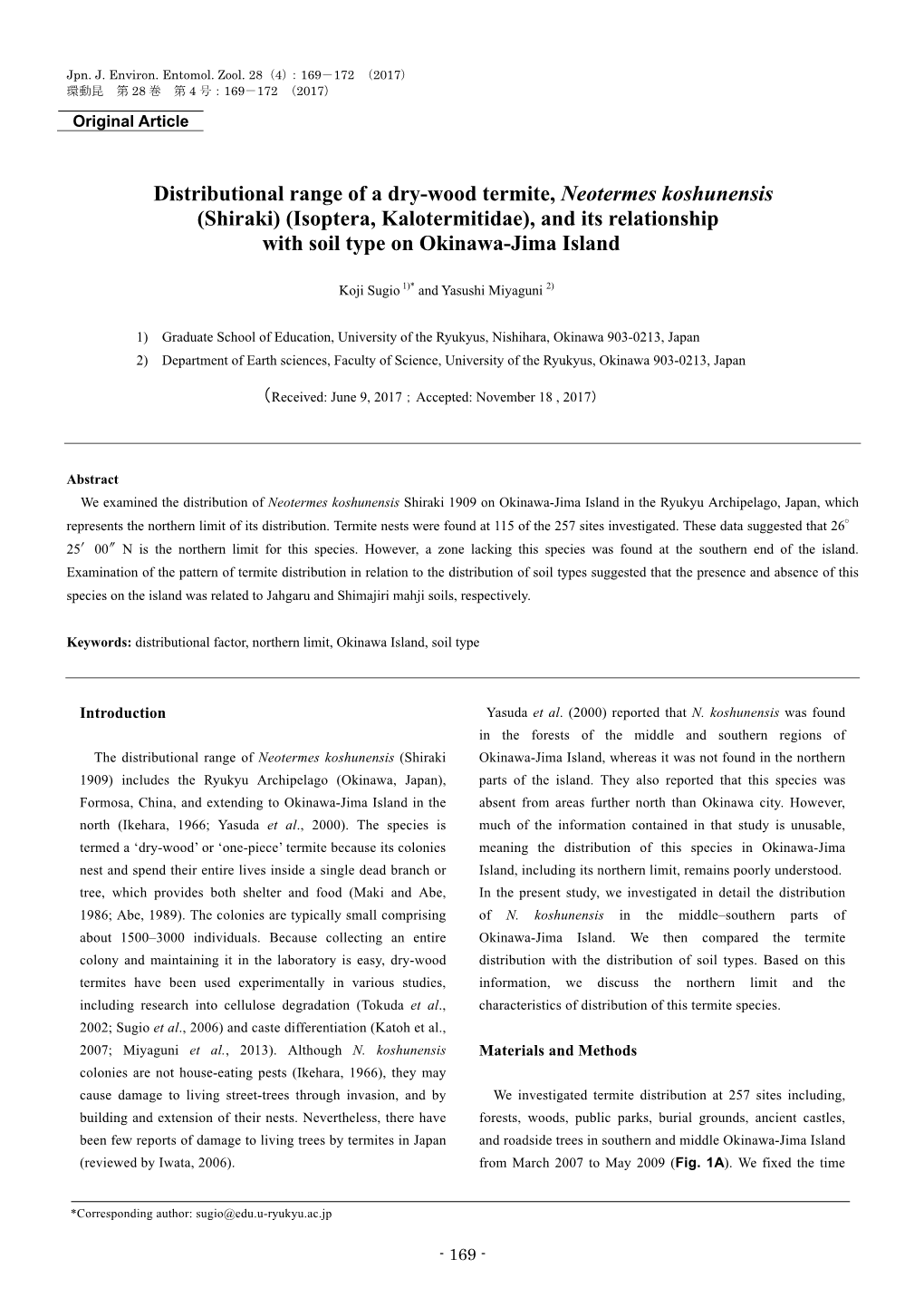 Isoptera, Kalotermitidae), and Its Relationship with Soil Type on Okinawa-Jima Island