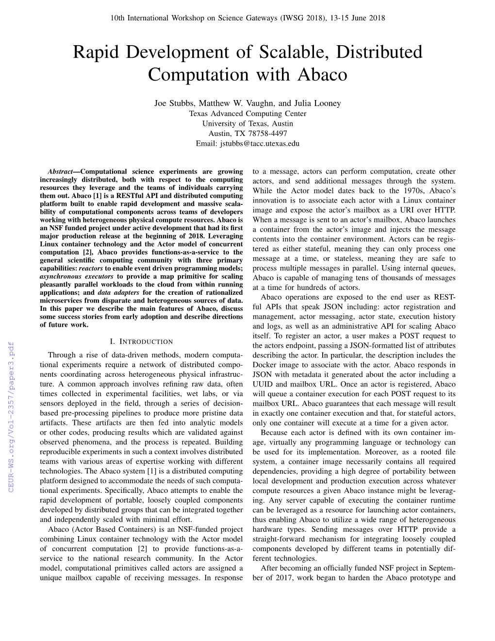 Rapid Development of Scalable, Distributed Computation with Abaco