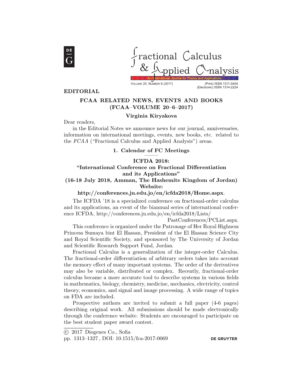 Fractional Calculus and Applied Analysis”) Areas