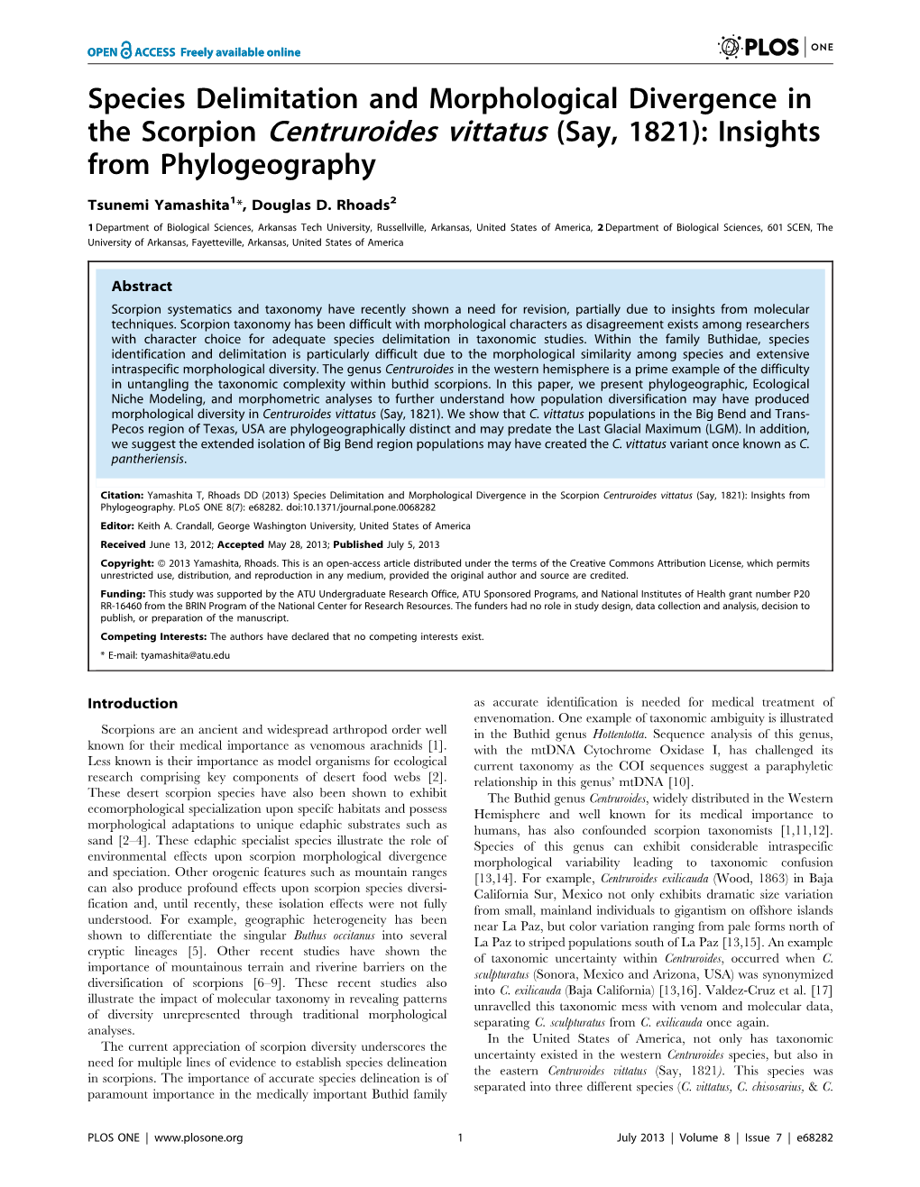 The Scorpion Centruroides Vittatus (Say, 1821): Insights from Phylogeography