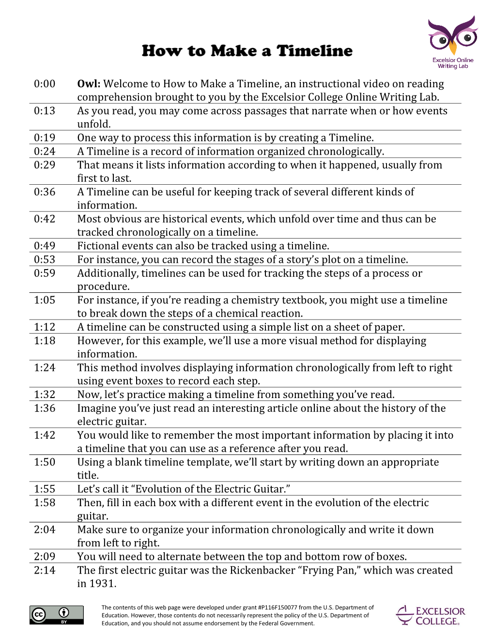 How to Make a Timeline, an Instructional Video on Reading Comprehension Brought to You by the Excelsior College Online Writing Lab