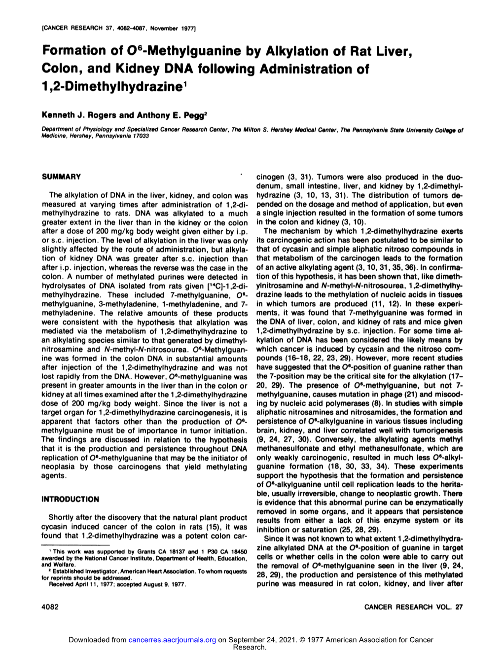 Formation of 06-Methylguanine by Alkylation of Rat Liver, Colon, and Kidney DNA Following Administration of 1 ,2-Dimethylhydrazine1