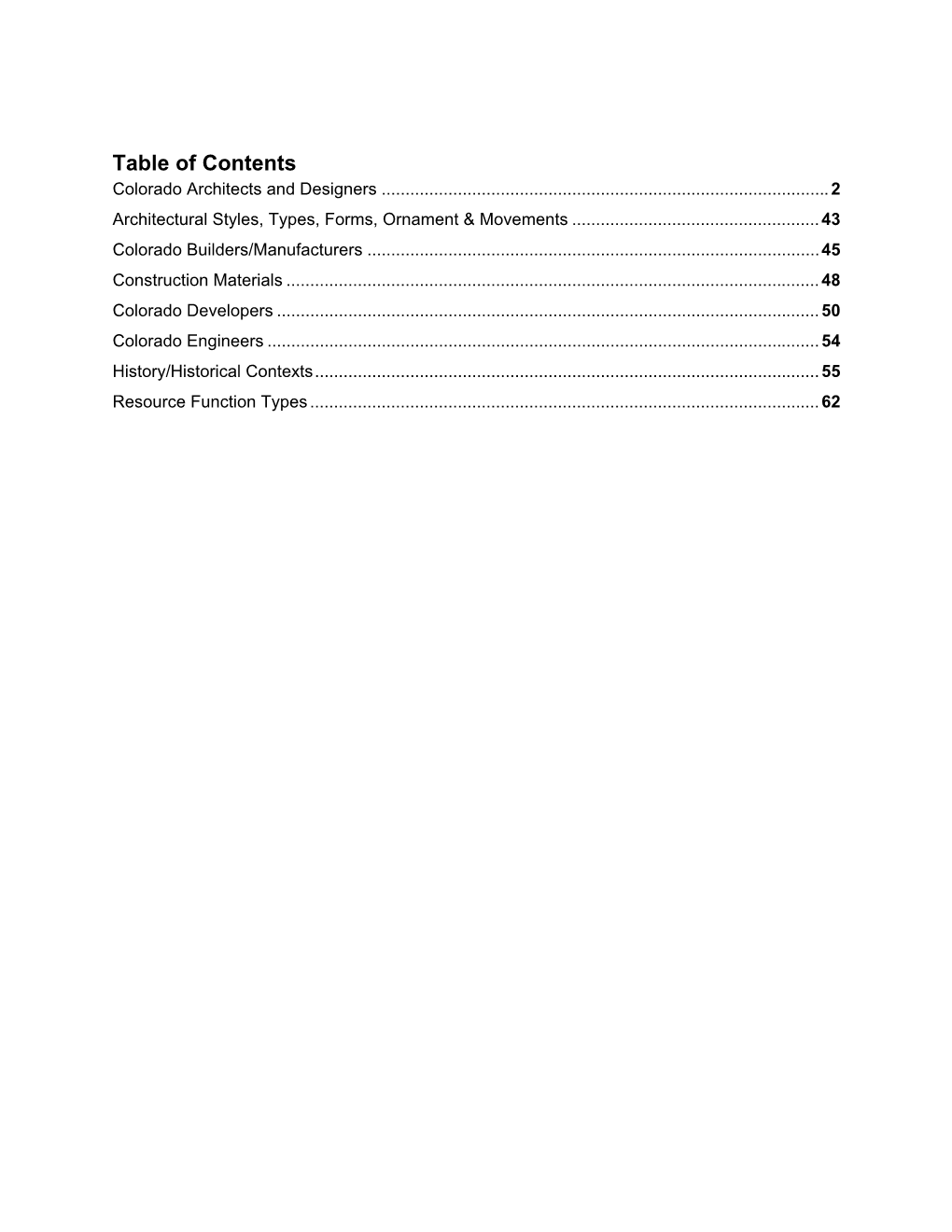 Table of Contents Colorado Architects and Designers