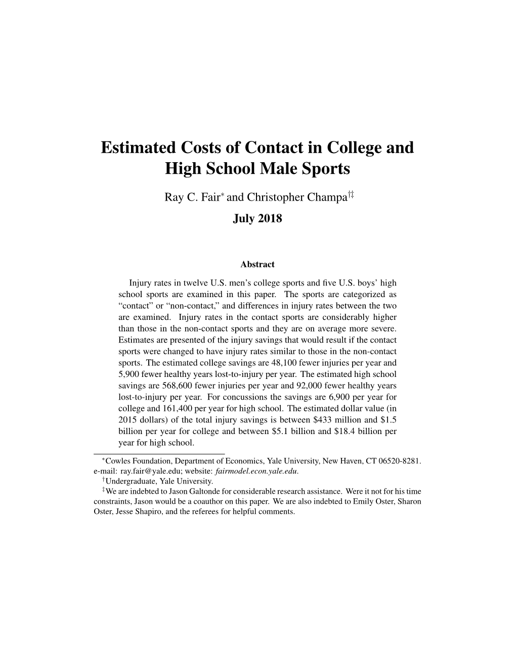 Estimated Costs of Contact in College and High School Male Sports