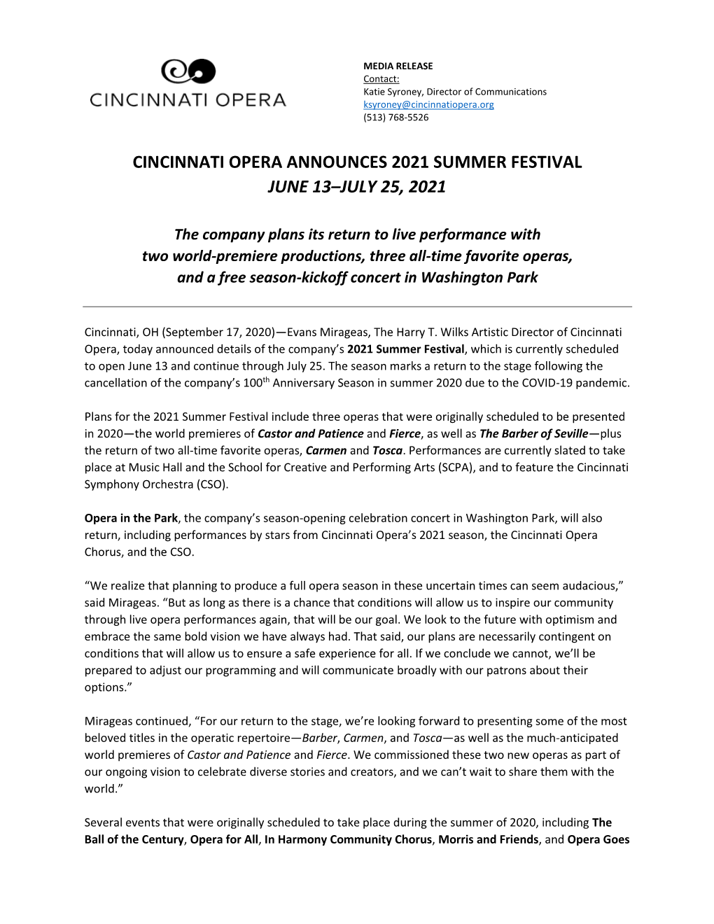 Cincinnati Opera Announces 2021 Summer Festival June 13–July 25, 2021
