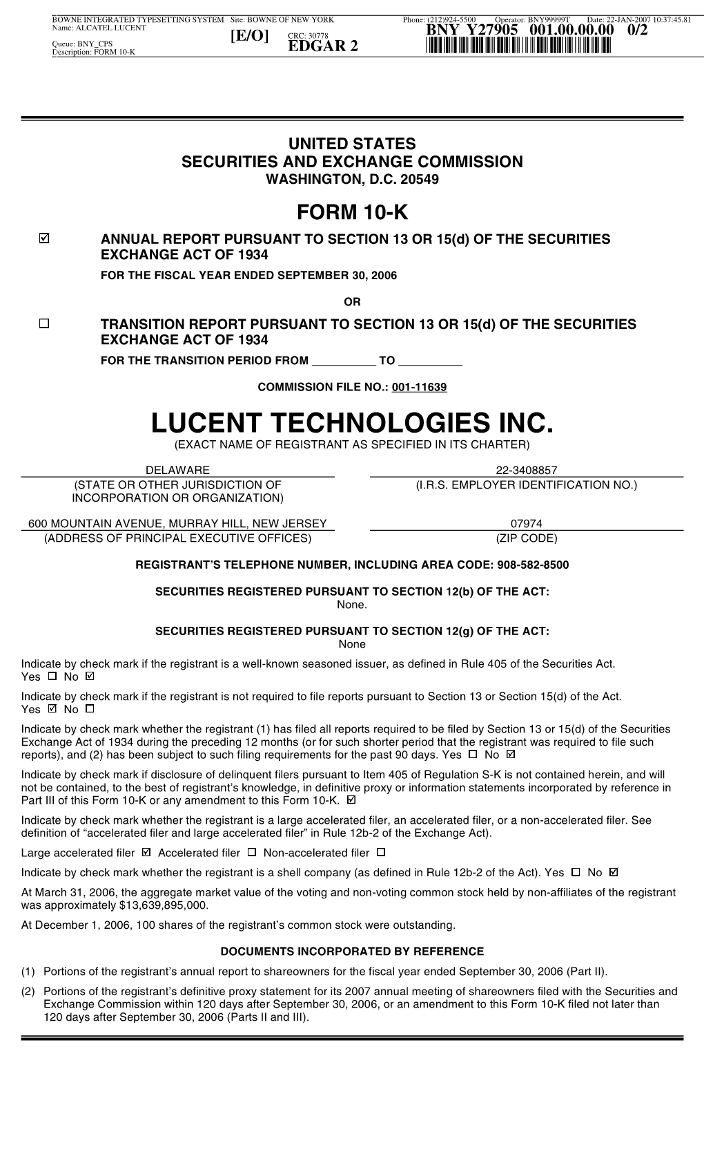 Lucent Technologies Inc. (Exact Name of Registrant As Specified in Its Charter)