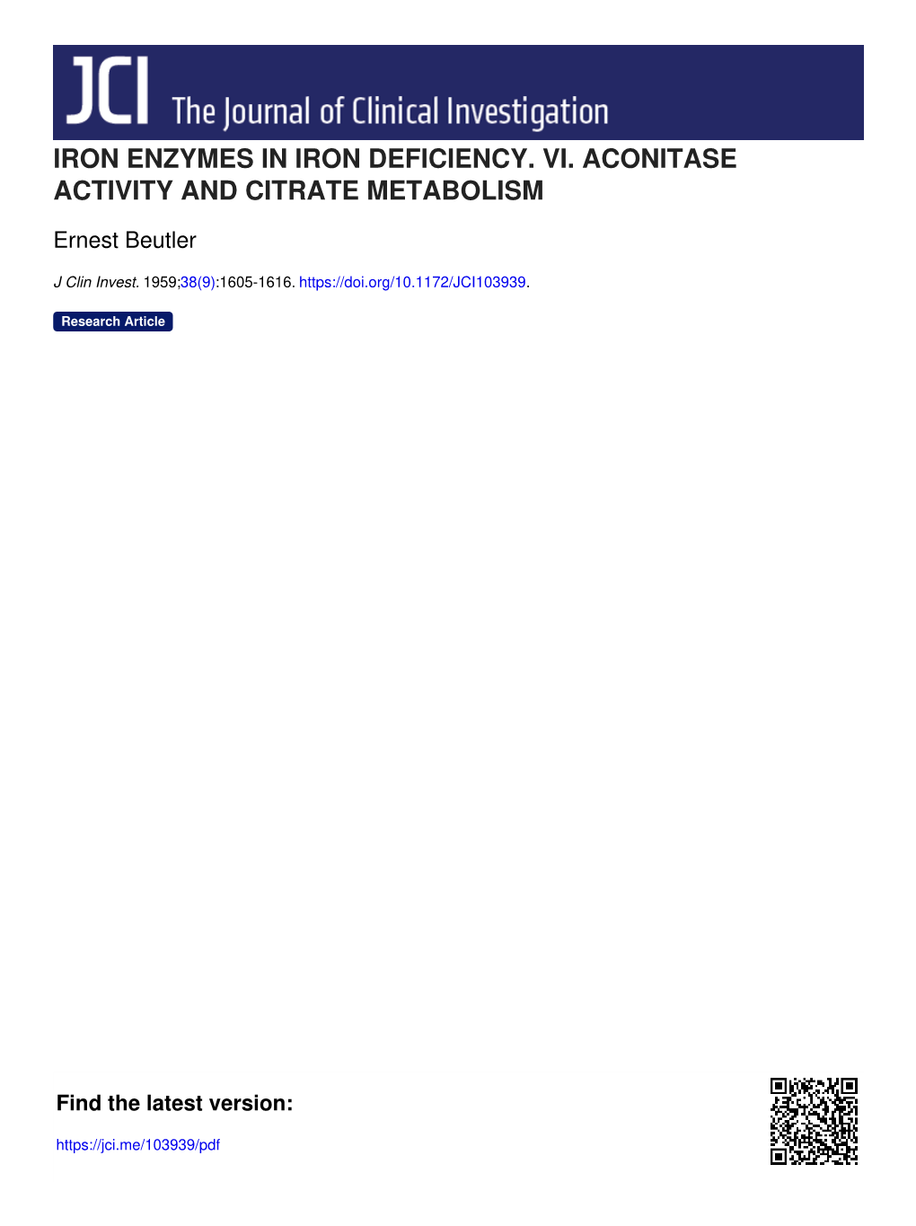 Iron Enzymes in Iron Deficiency. Vi. Aconitase Activity and Citrate Metabolism