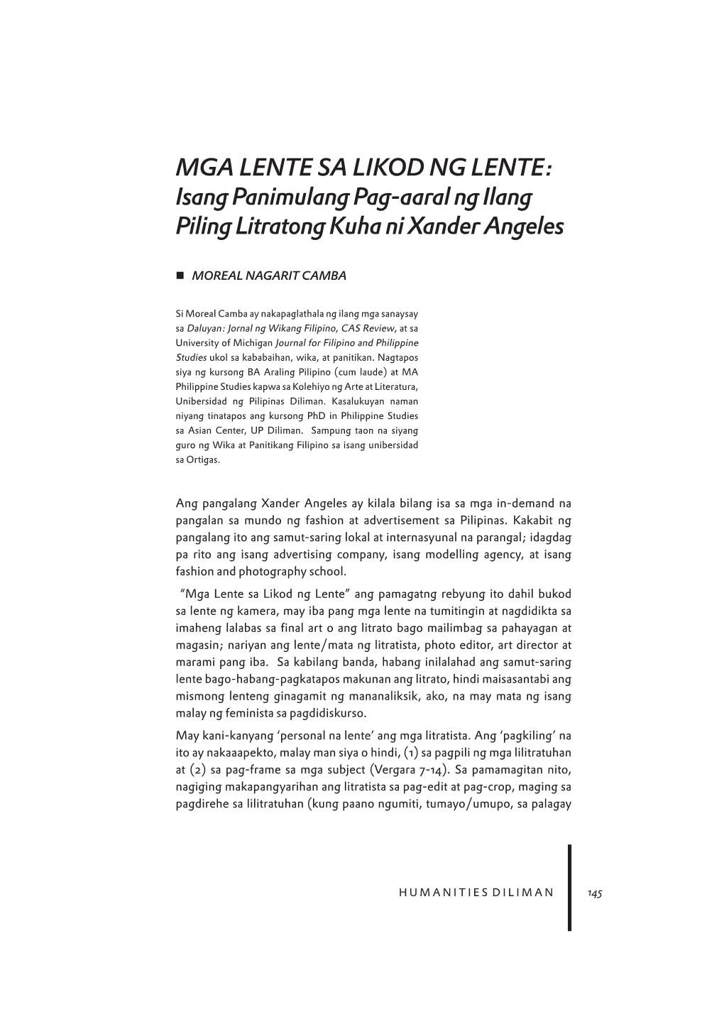 MGA LENTE SA LIKOD NG LENTE: Isang Panimulang Pag-Aaral Ng Ilang Piling Litratong Kuha Ni Xander Angeles