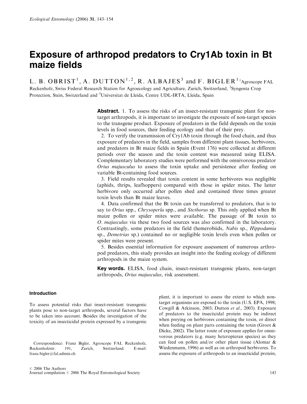 Exposure of Arthropod Predators to Cry1ab Toxin in Bt Maize Fields