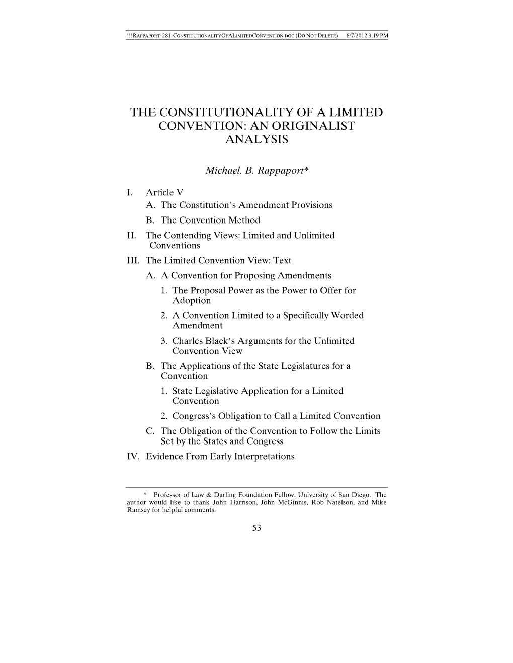 The Constitutionality of a Limited Convention: an Originalist Analysis