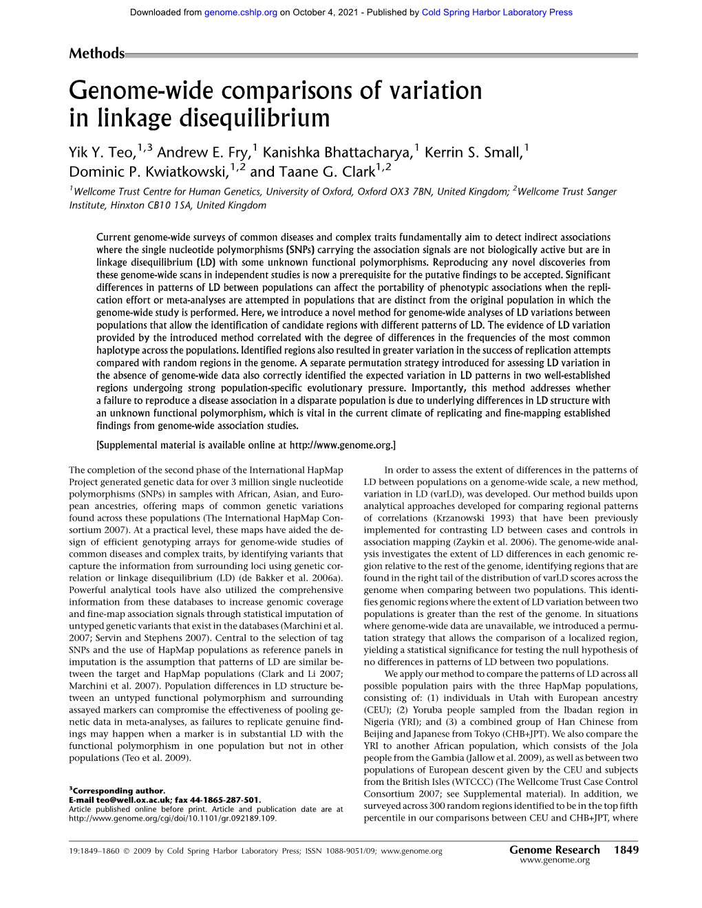 Genome-Wide Comparisons of Variation in Linkage Disequilibrium