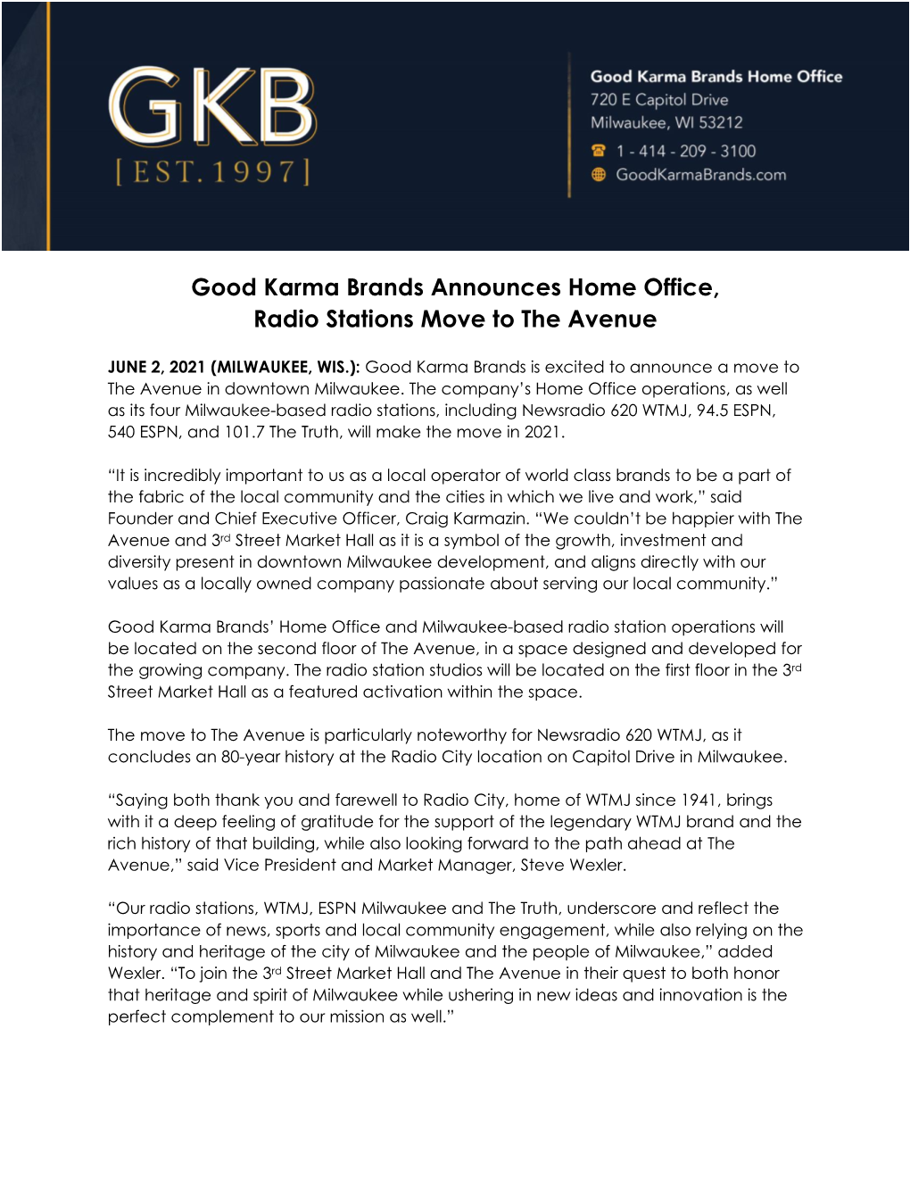 Good Karma Brands Announces Home Office, Radio Stations Move to the Avenue