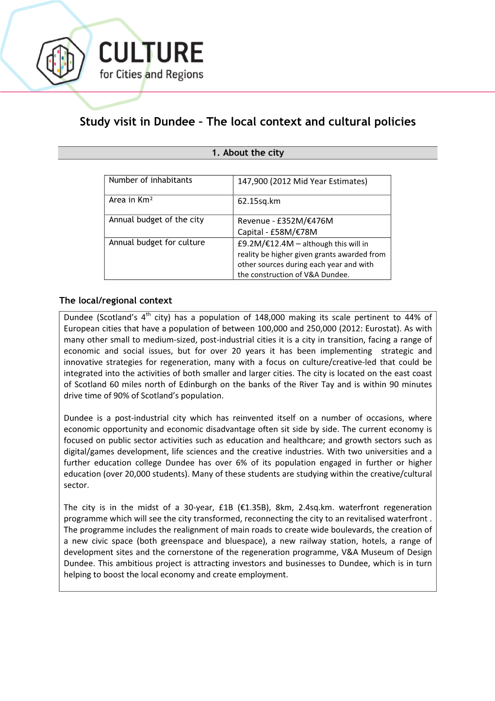 Study Visit in Dundee – the Local Context and Cultural Policies