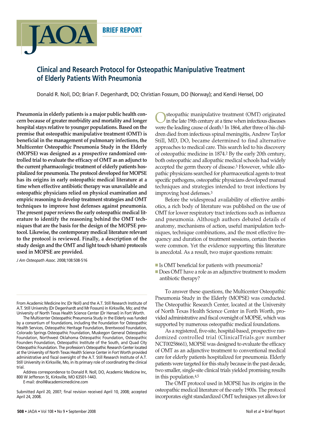 Clinical and Research Protocol for Osteopathic Manipulative Treatment of Elderly Patients with Pneumonia