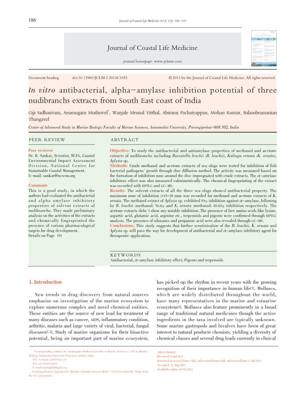 In Vitro Antibacterial, Alpha-Amylase Inhibition Potential of Three Nudibranchs Extracts from South East Coast of India