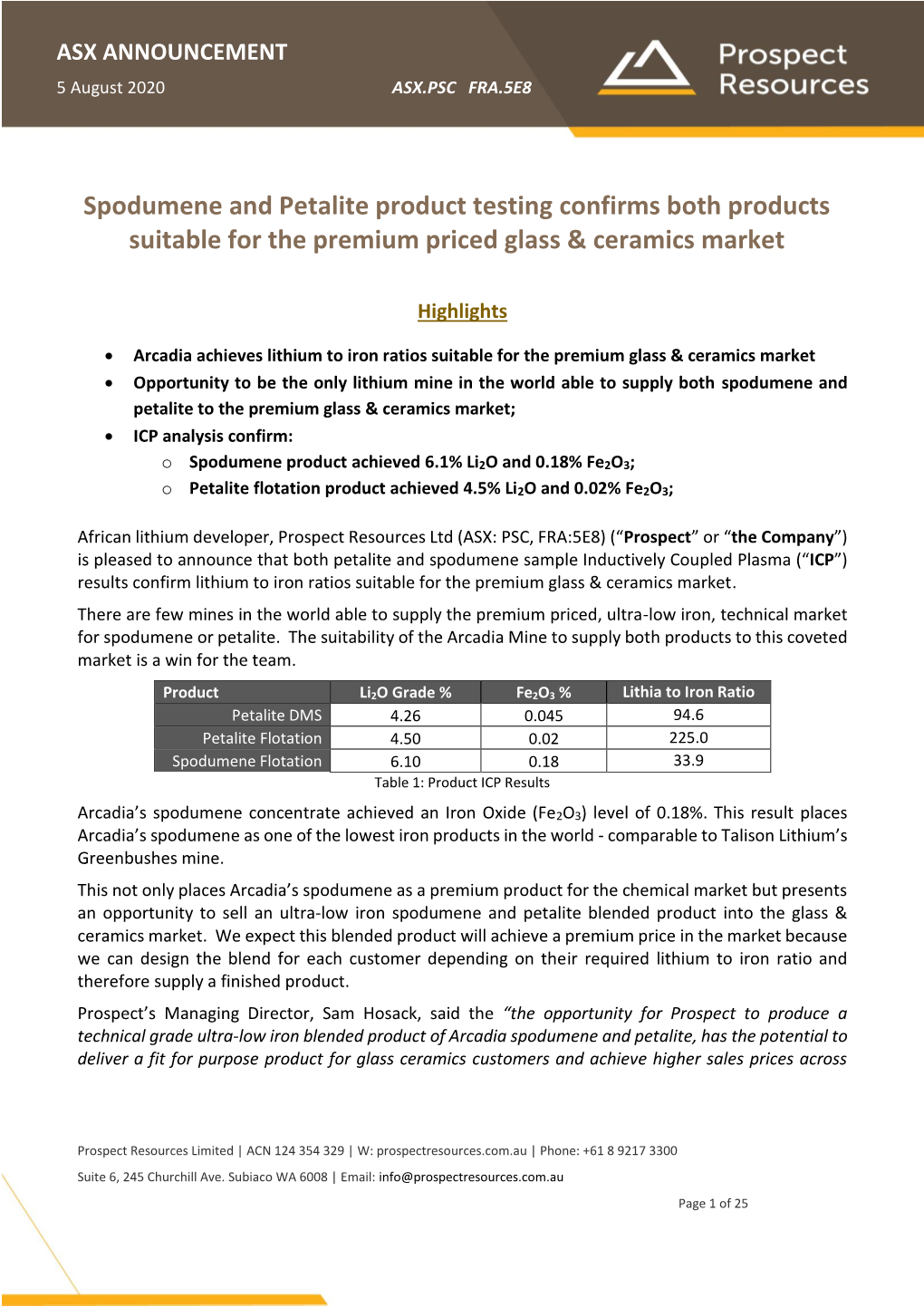 Spodumene and Petalite Product Testing Confirms Both Products Suitable for the Premium Priced Glass & Ceramics Market