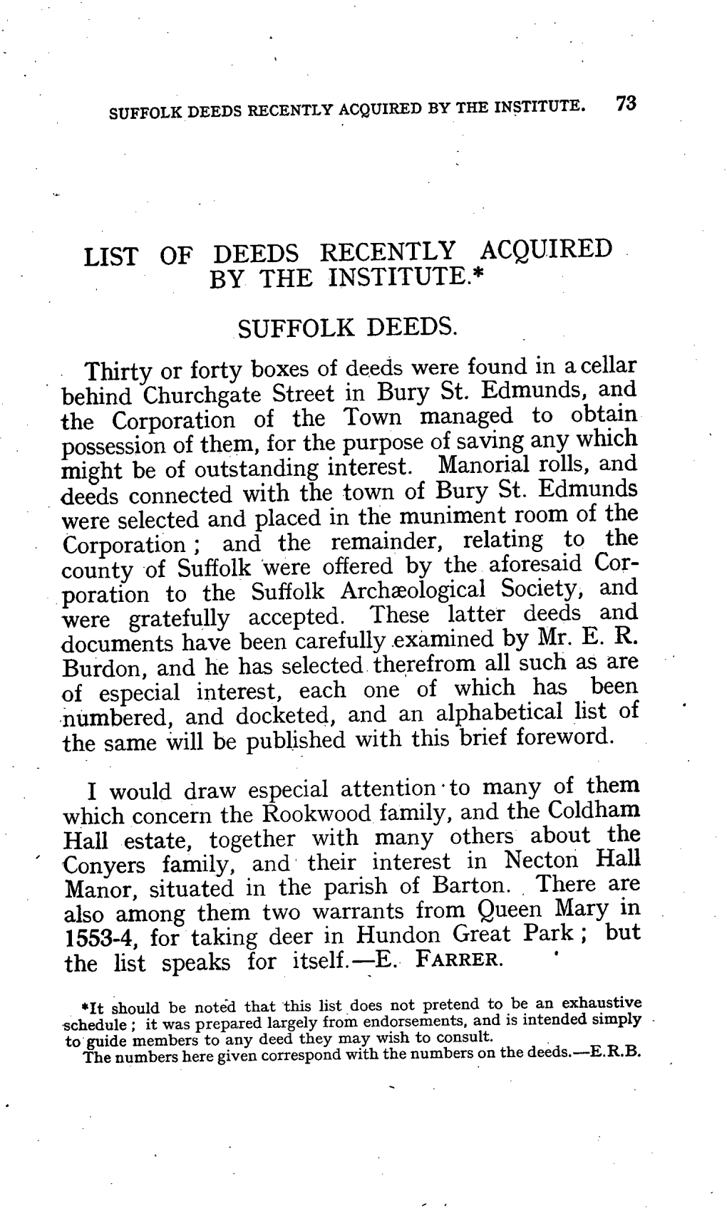 List of Deeds Recently Acquired by the Institute E. Farrer