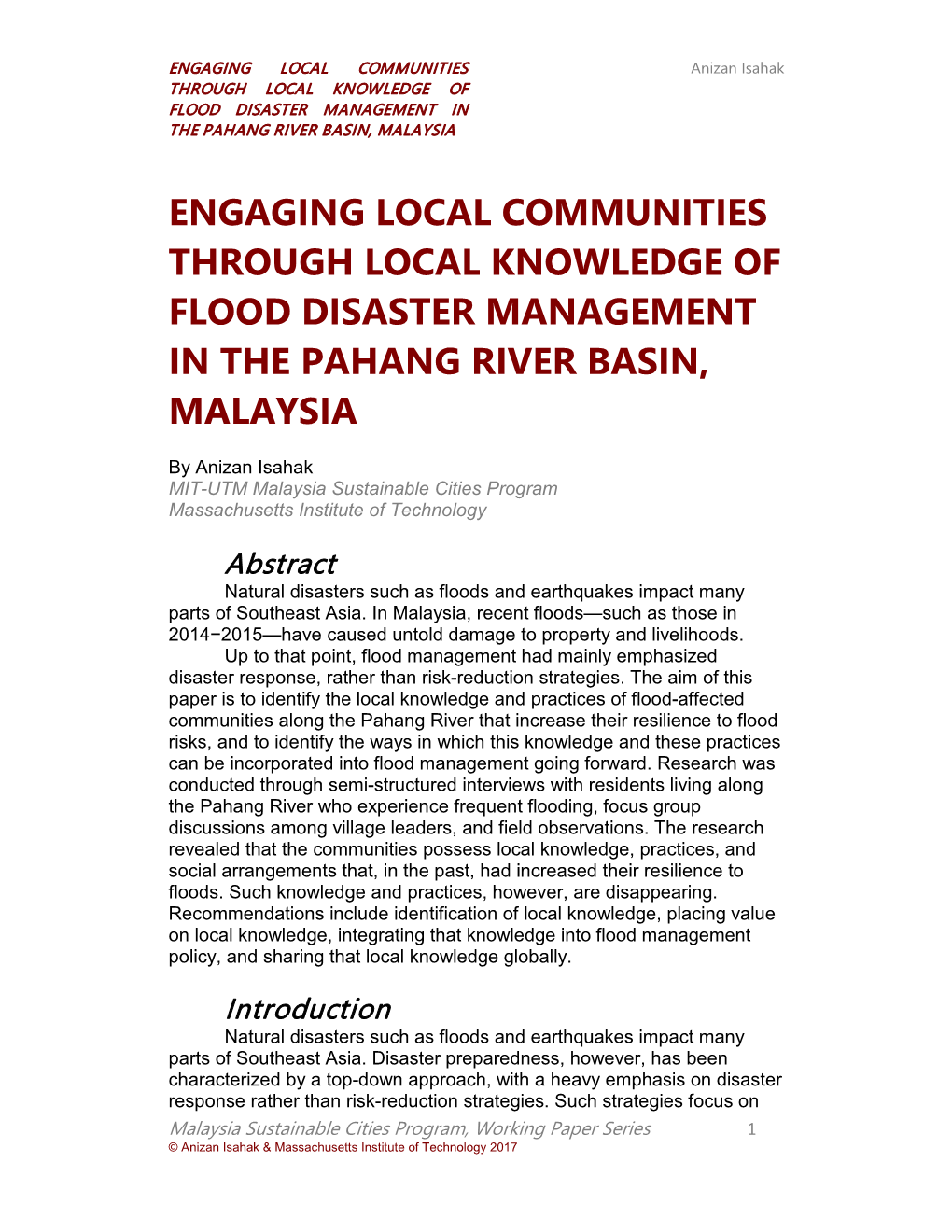 Engaging Local Communities Through Local Knowledge of Flood Disaster Management in the Pahang River Basin