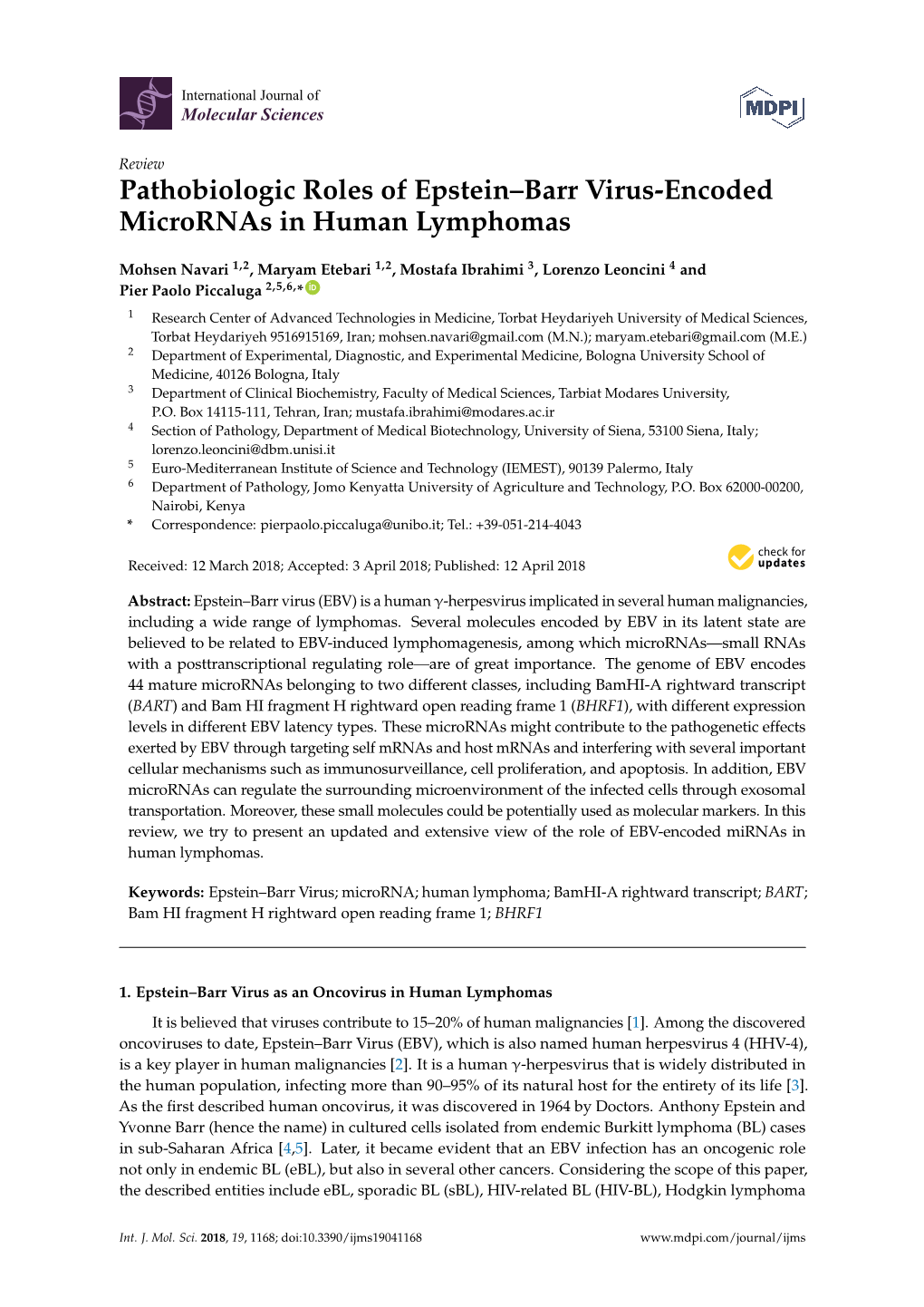 Pathobiologic Roles of Epstein–Barr Virus-Encoded Micrornas in Human Lymphomas