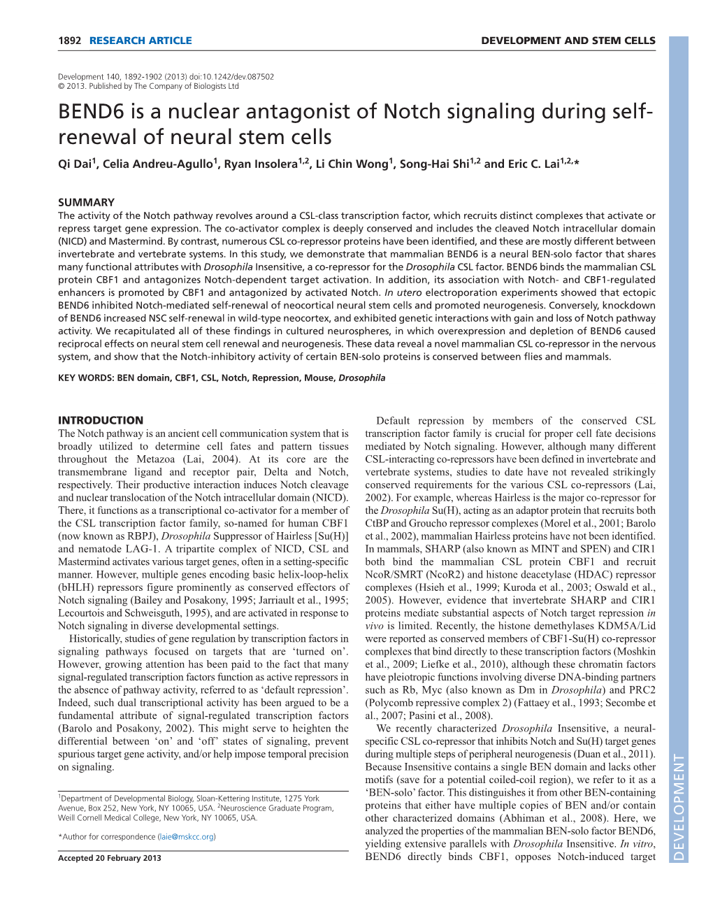 BEND6 Is a Nuclear Antagonist of Notch Signaling During Self