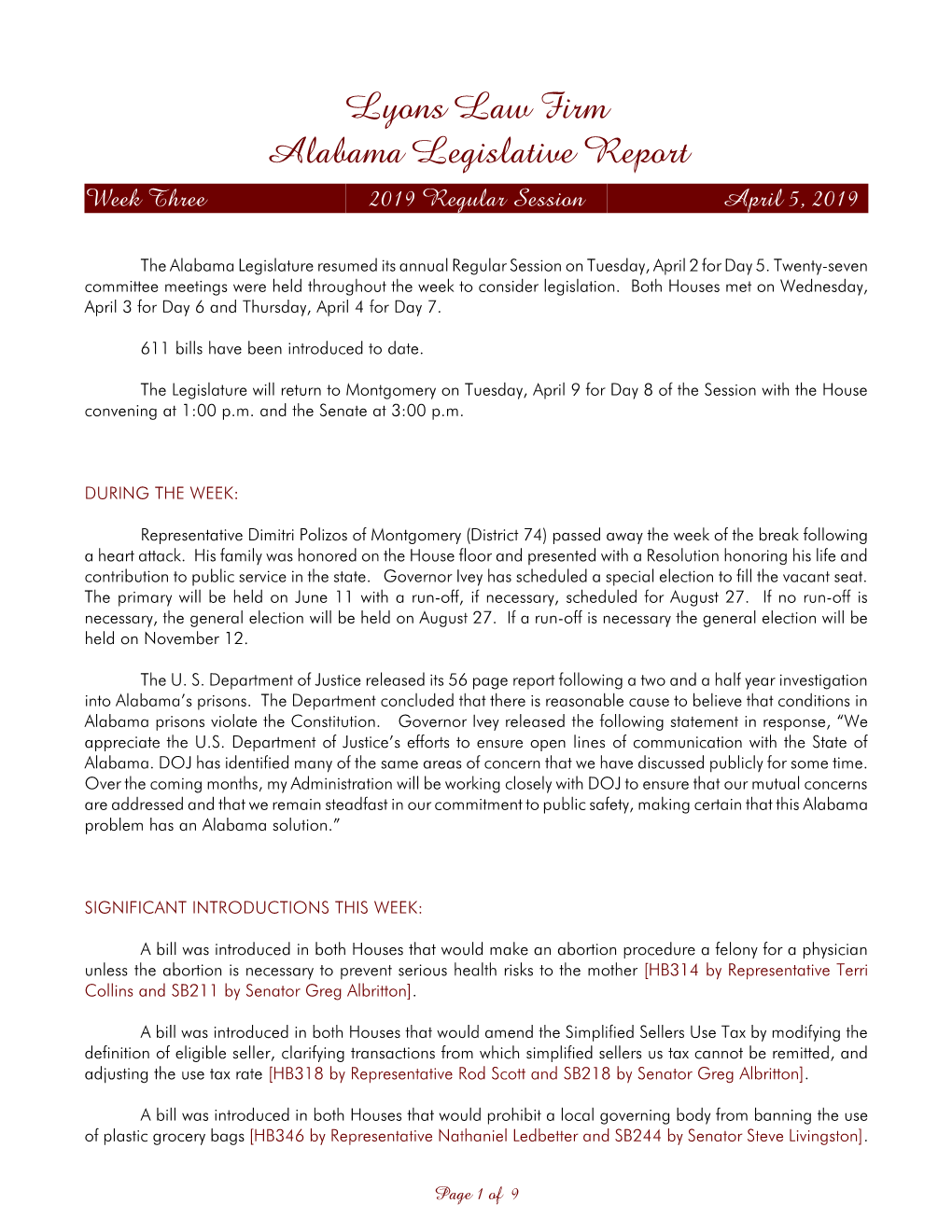 Lyons Law Firm Alabama Legislative Report Week Three 2019 Regular Session April 5, 2019