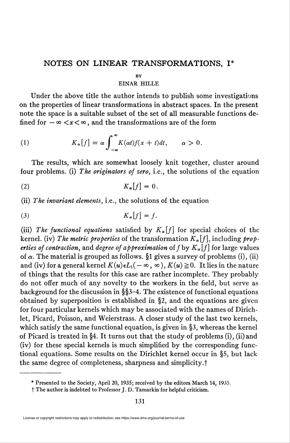 Notes on Linear Transformations, I*