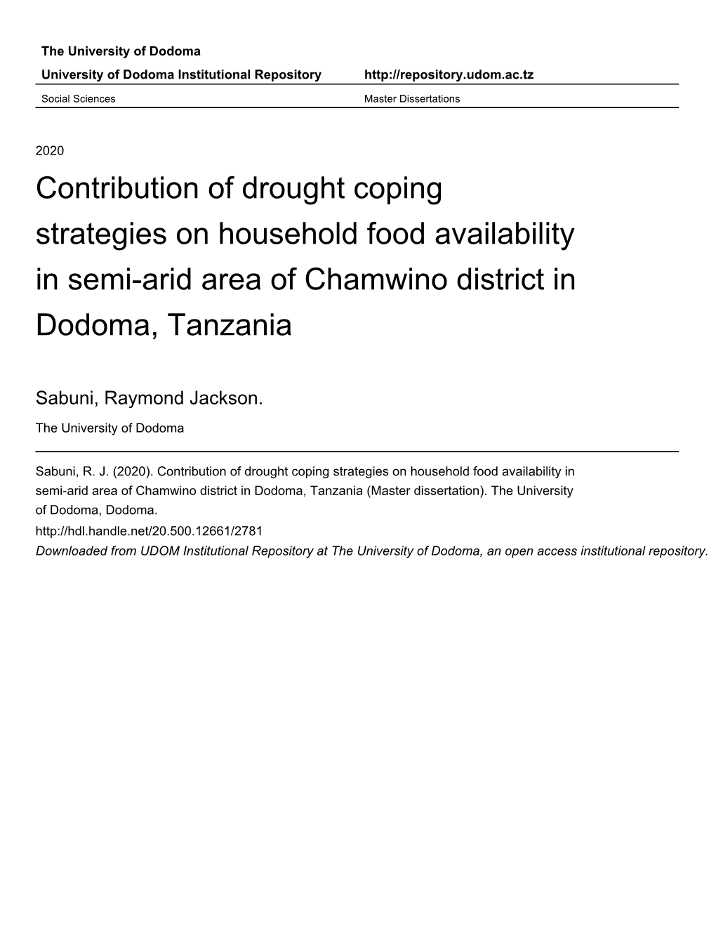 Contribution of Drought Coping Strategies on Household Food Availability in Semi-Arid Area of Chamwino District in Dodoma, Tanzania