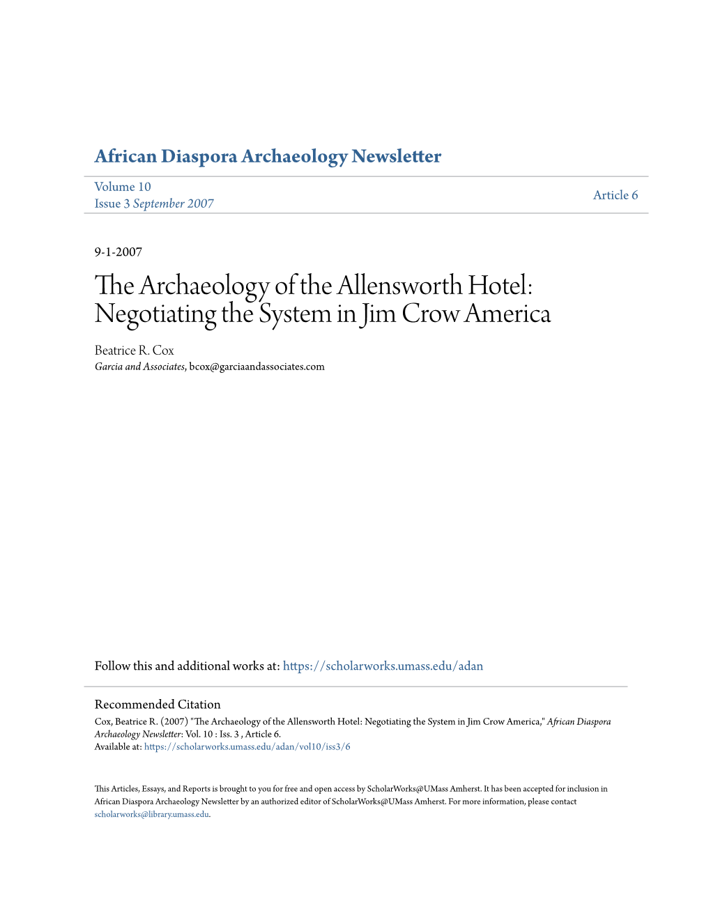 The Archaeology of the Allensworth Hotel: Negotiating the System in Jim Crow America Beatrice R