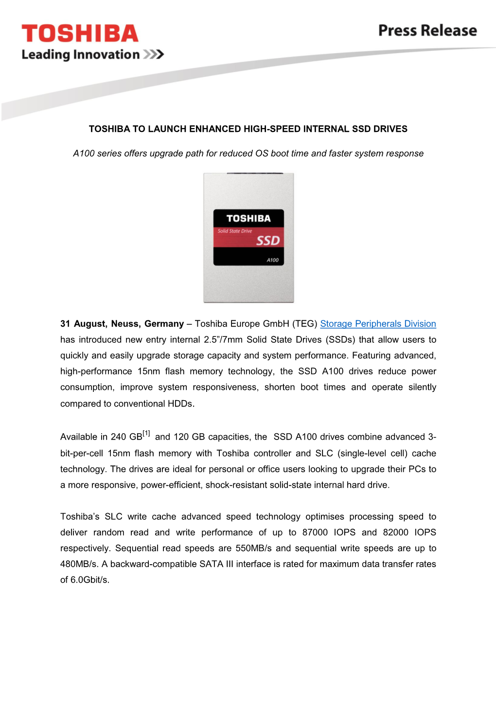 Toshiba to Launch Enhanced High-Speed Internal Ssd Drives