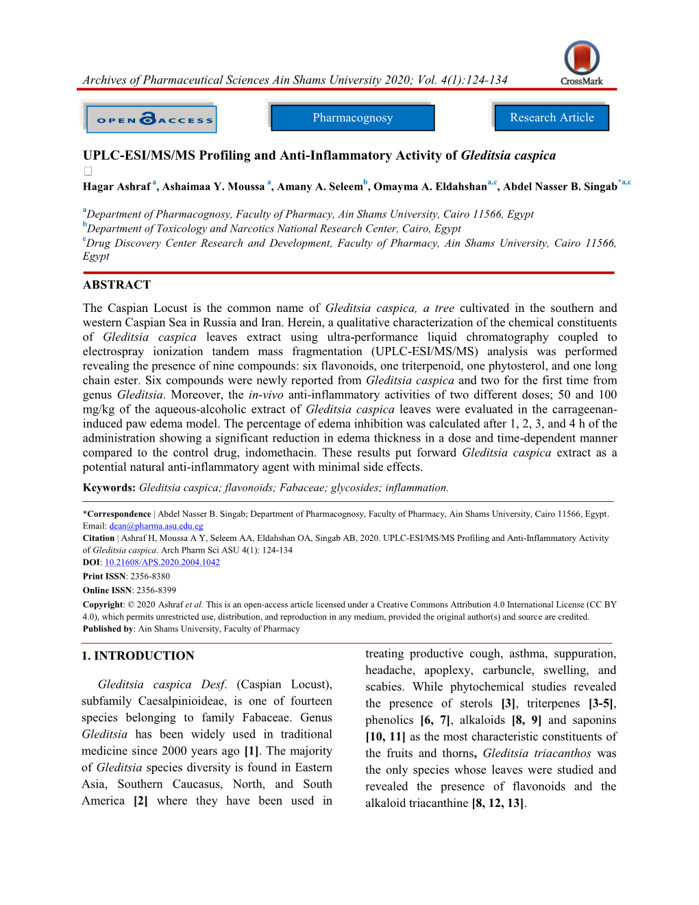 UPLC-ESI/MS/MS Profiling and Anti-Inflammatory Activity of Gleditsia Caspica