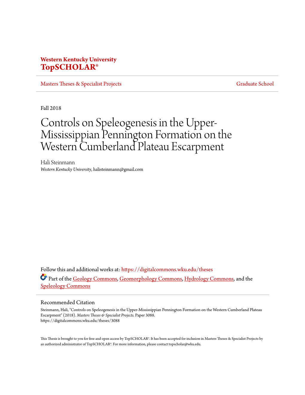 Controls on Speleogenesis in the Upper-Mississippian Pennington Formation on the Western Cumberland Plateau Escarpment