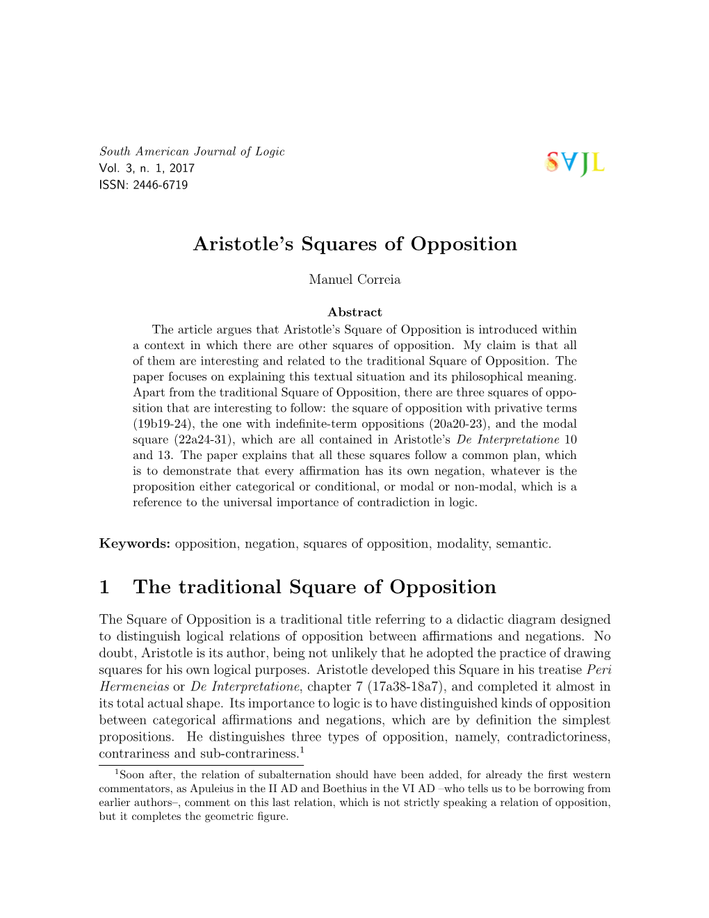 Aristotle's Squares of Opposition