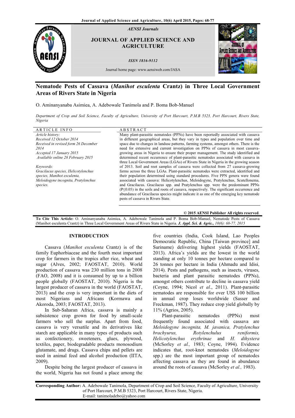 Nematode Pests of Cassava (Manihot Esculenta Crantz) in Three Local Government Areas of Rivers State in Nigeria