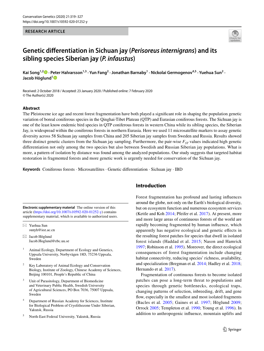 Genetic Differentiation in Sichuan Jay (Perisoreus Internigrans) and Its Sibling Species Siberian Jay (P. Infaustus)
