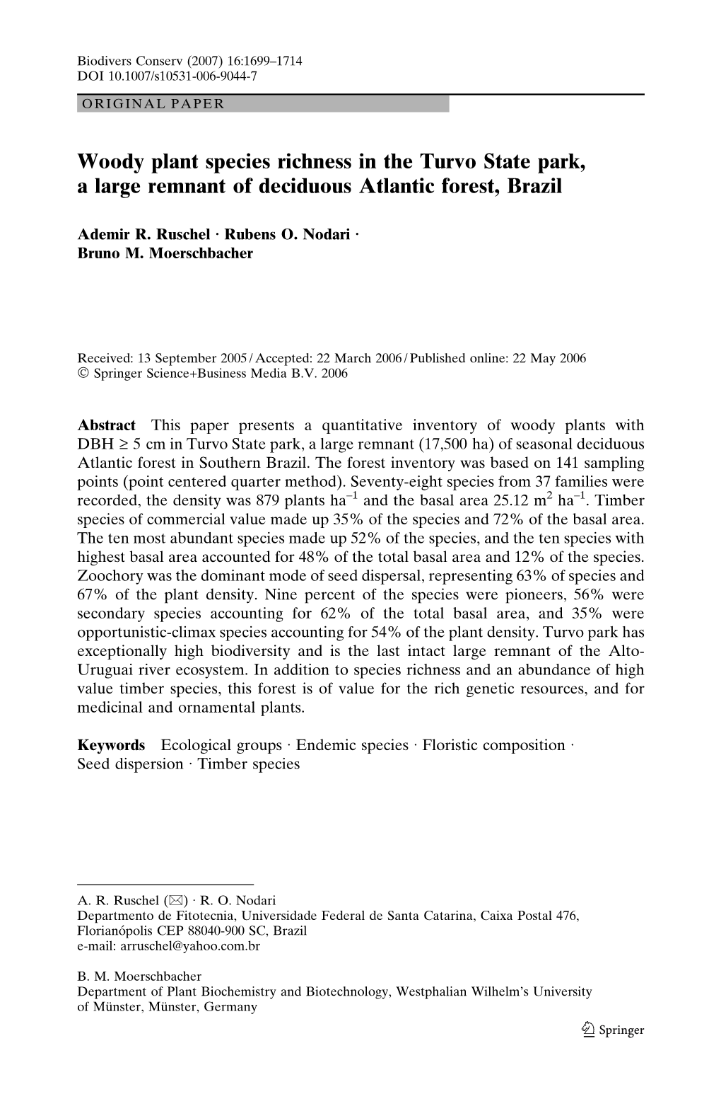 Woody Plant Species Richness in the Turvo State Park, a Large Remnant of Deciduous Atlantic Forest, Brazil